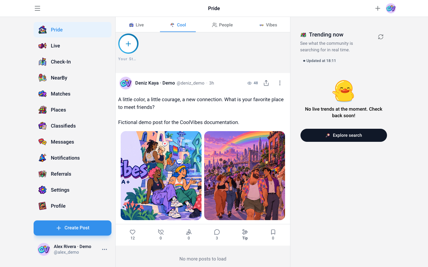 CoolVibes community feed with fictional demo profiles, a sample post and social navigation
