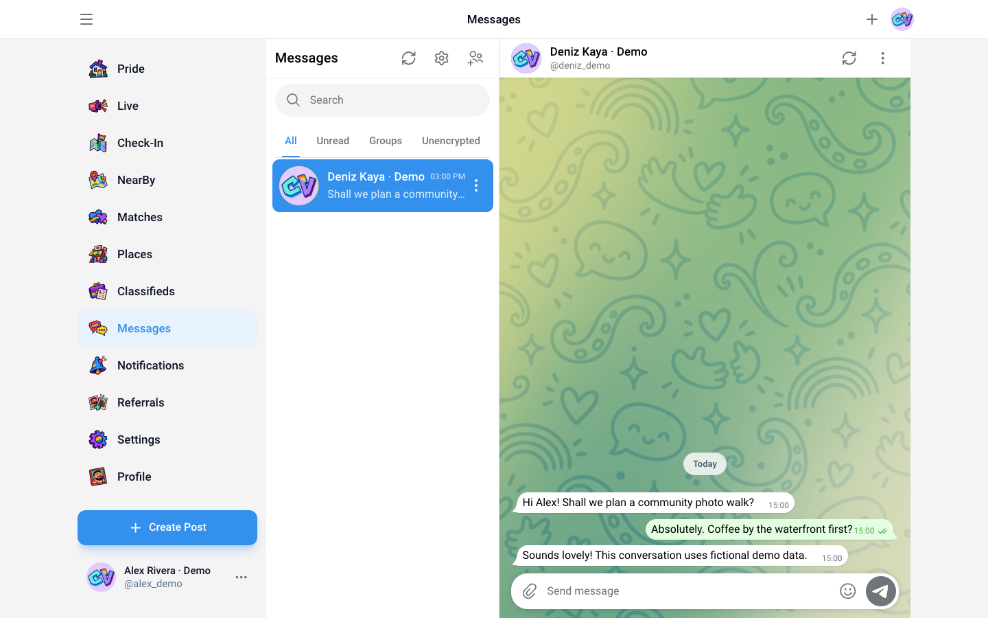 CoolVibes private messaging interface with a fictional demo conversation