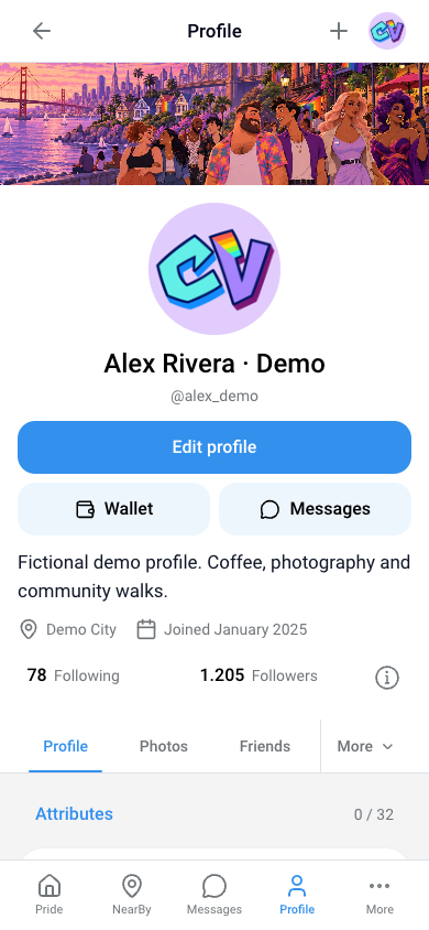 CoolVibes responsive web profile for fictional demo member Alex Rivera on a phone-sized screen