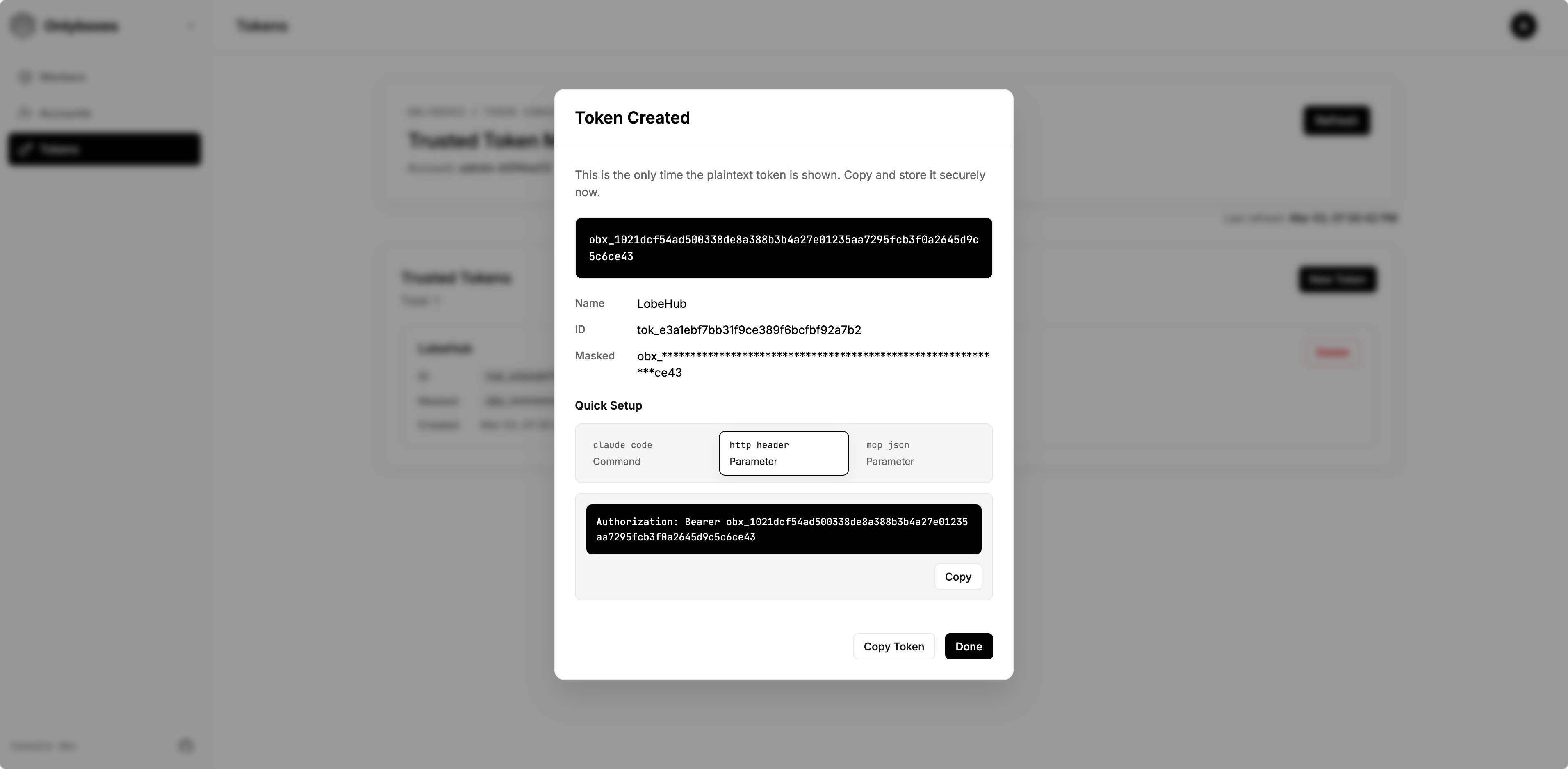 Token created dialog (one-time plaintext token)
