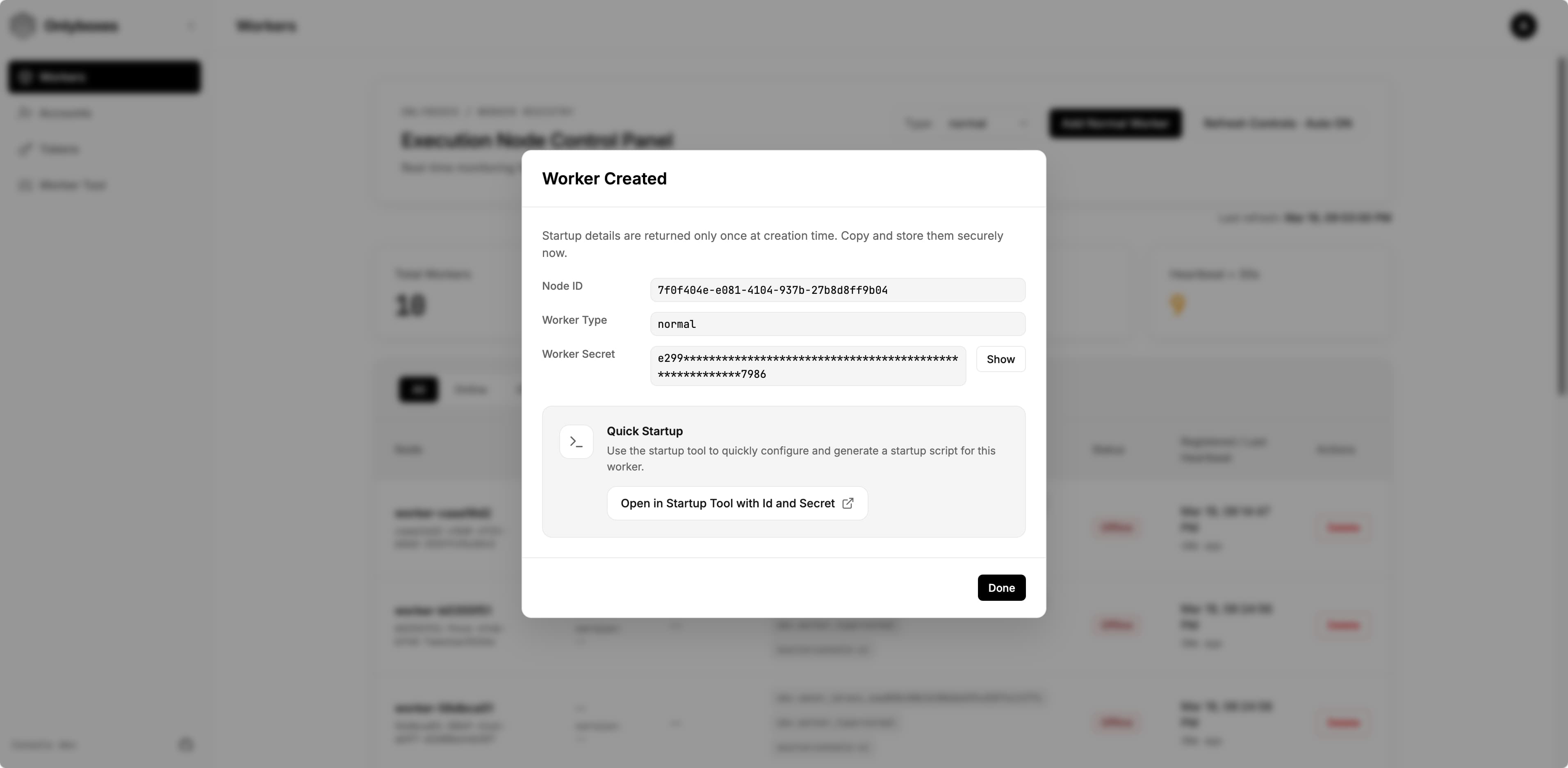 Worker created dialog (startup command and one-time secret)