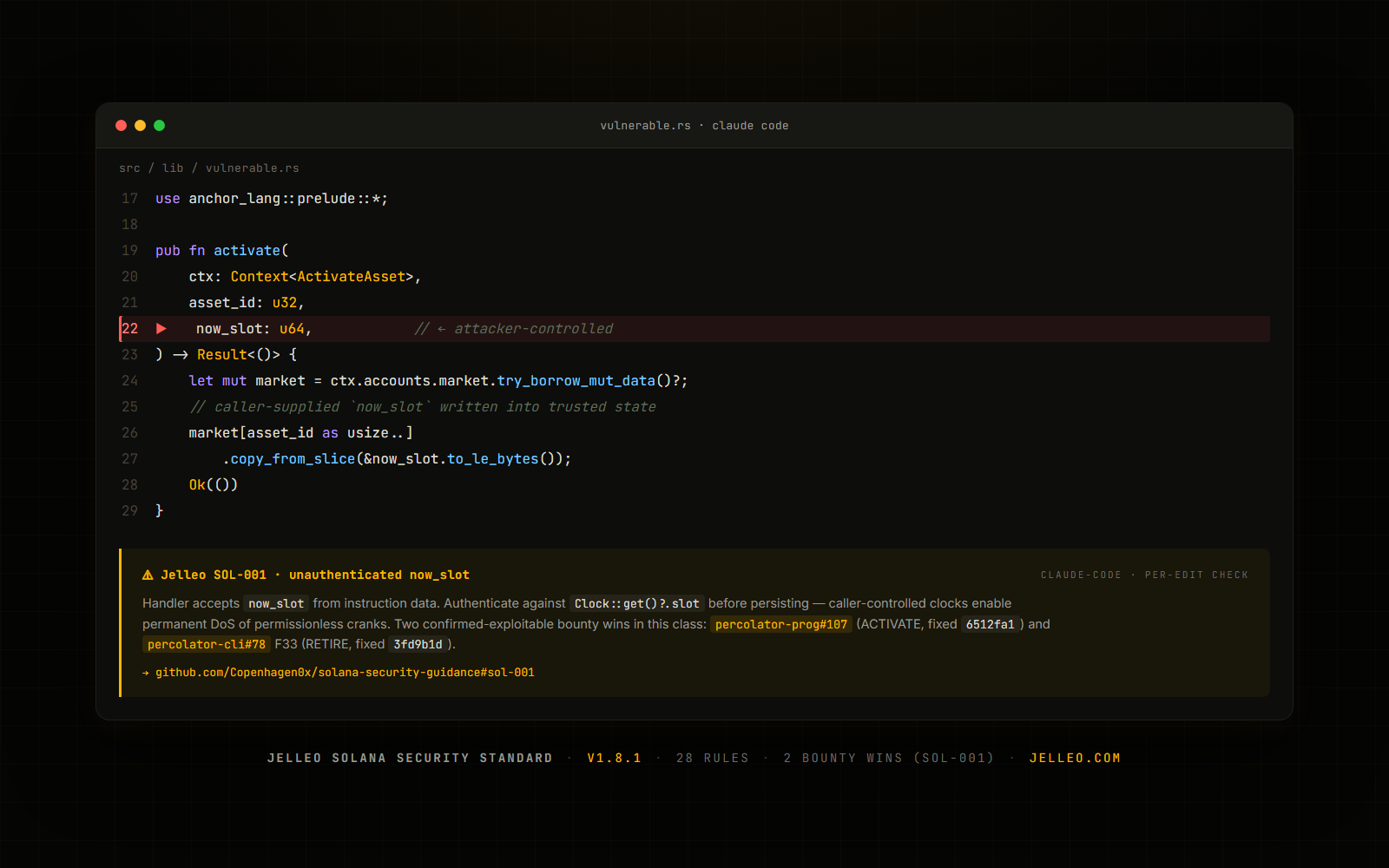 SOL-001 firing on a vulnerable Solana program — Bounty 6 H2 case study