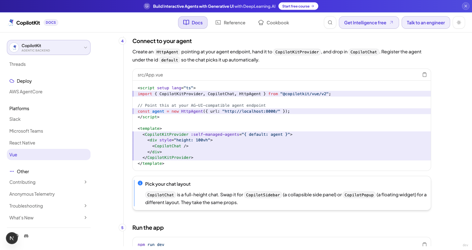 Connect to your agent step with code sample