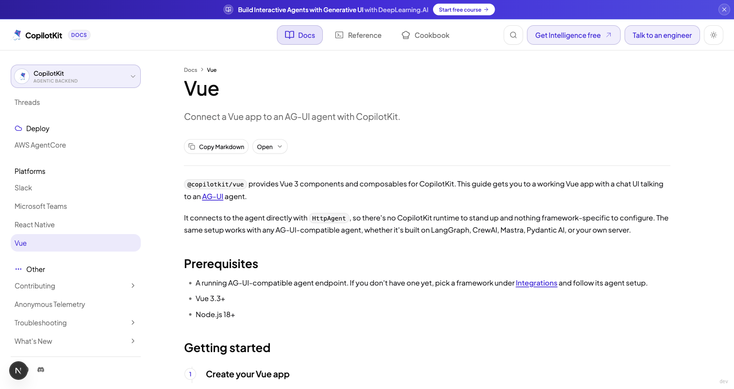 Vue quickstart page: nav entry, intro, prerequisites