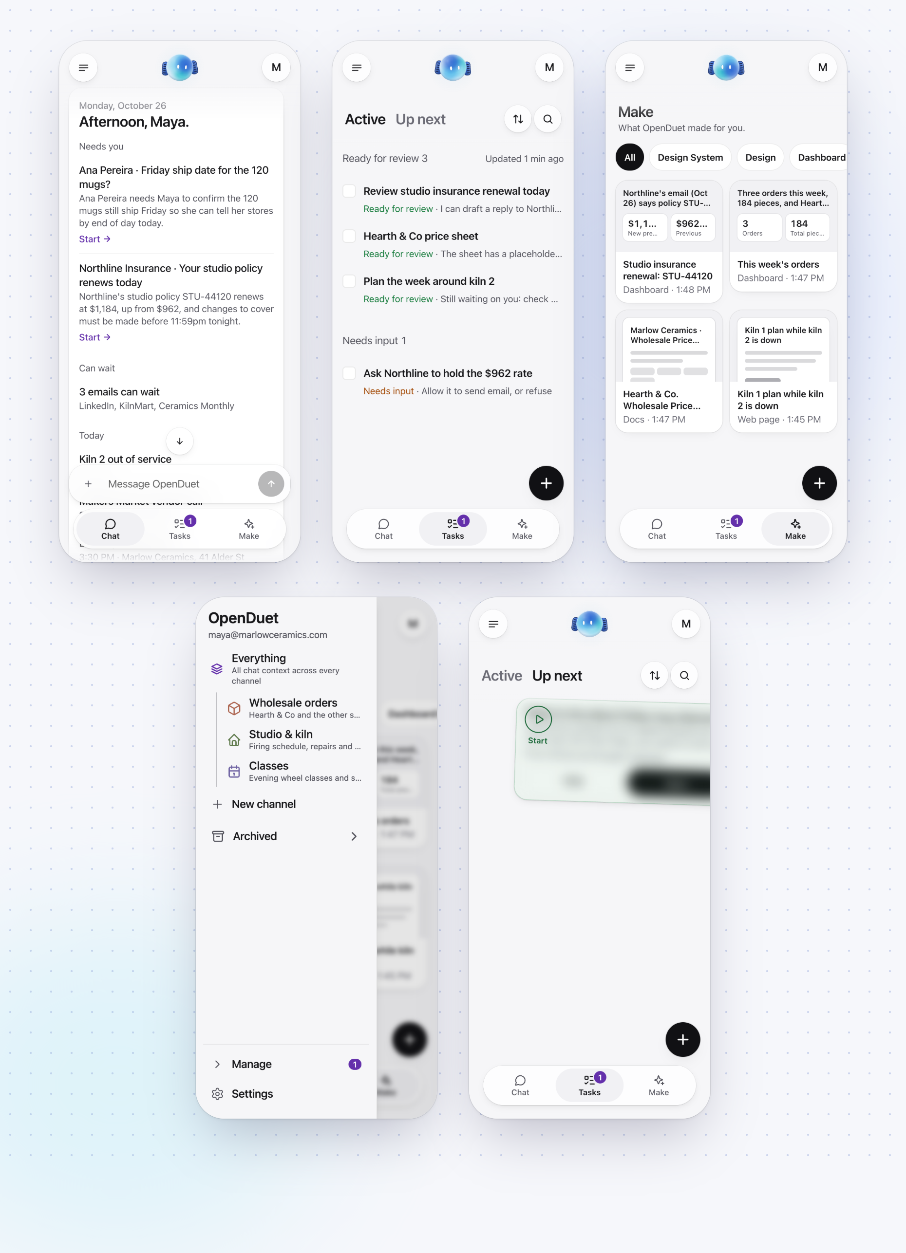 Five OpenDuet screens on a phone: Chat with the morning brief, Tasks, Make with the pages it made, the side panel listing channels, and a suggested task being swiped right to start it.