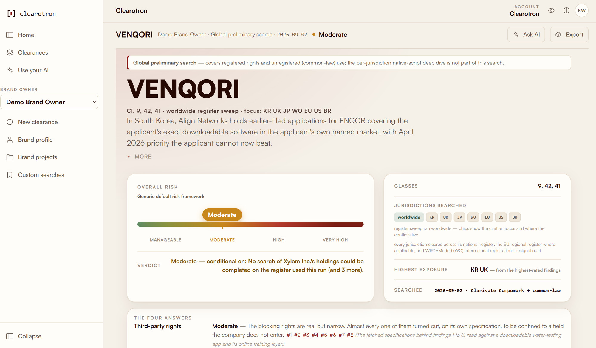 A finished clearance report — the verdict, the risk band and the four answers