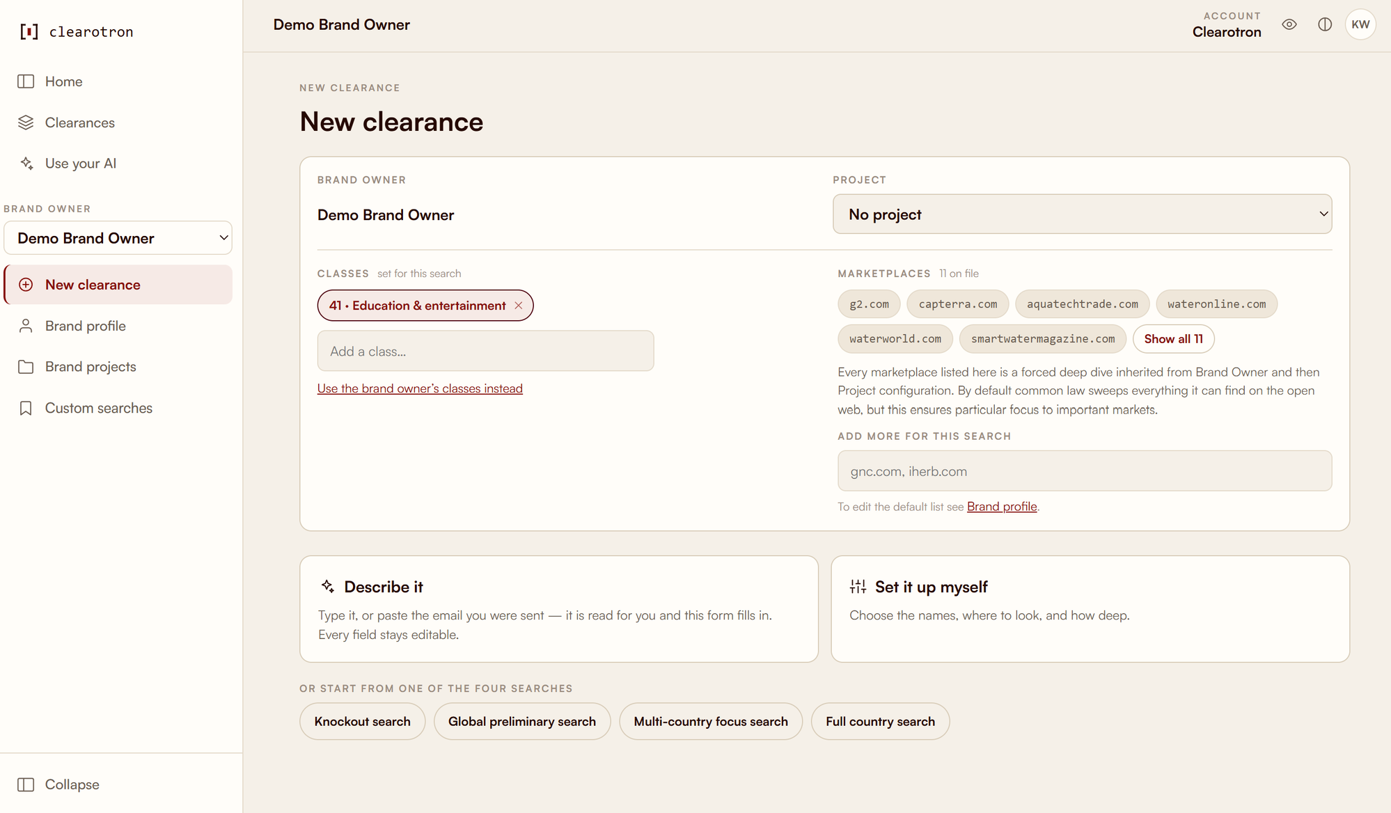 The new-clearance screen — classes, marketplaces and the four search depths