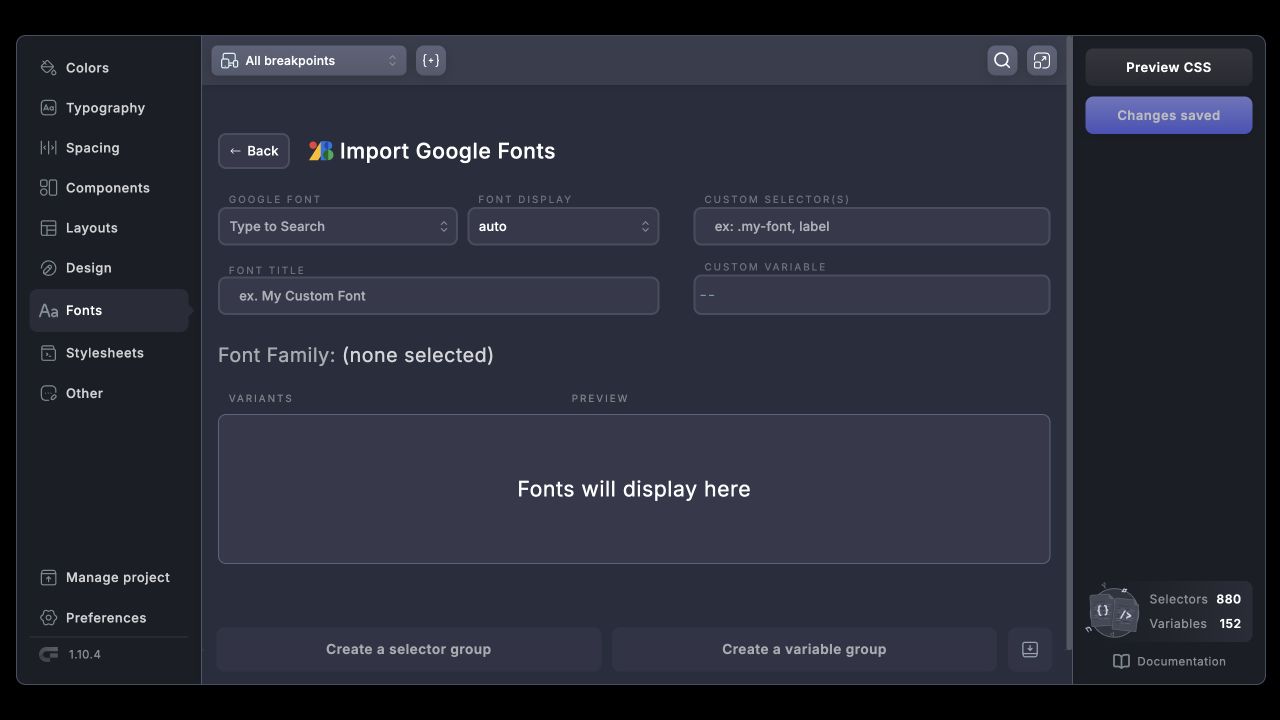 Google Fonts import screen