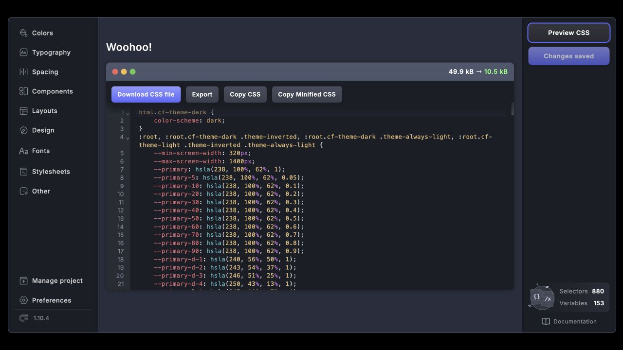 Generated and minified CSS preview