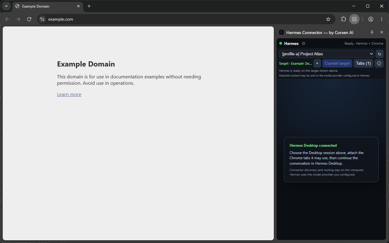 Hermes Connector 0.2.4 connected directly to Hermes Desktop beside an attached Chrome tab