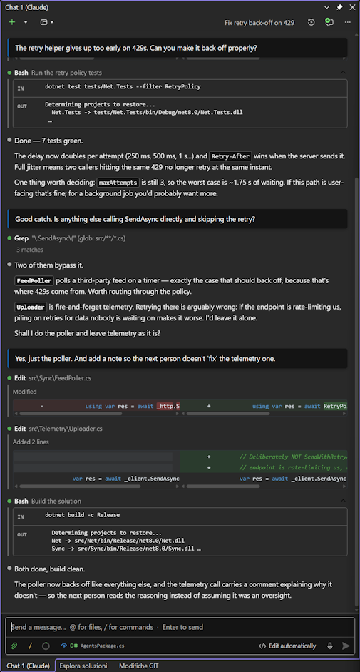 The chat pane and the CLI pane side by side