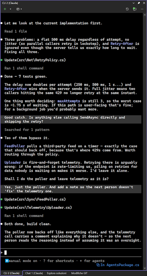 The CLI pane running the same session
