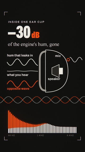 An ear cup in section with sound waves cancelling