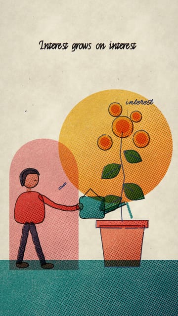 Riso print of a man watering a money plant