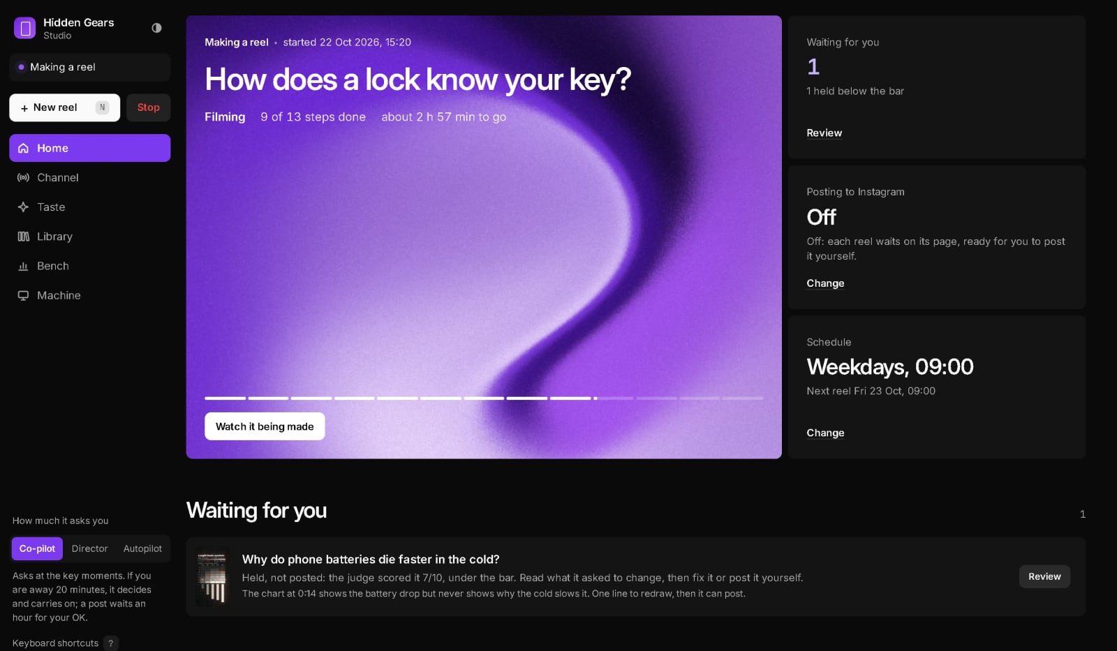 The Content Factory studio: a reel titled 'How does a lock know your key?' being filmed, 9 of 13 steps done, beside a held reel waiting for review with the judge's reason