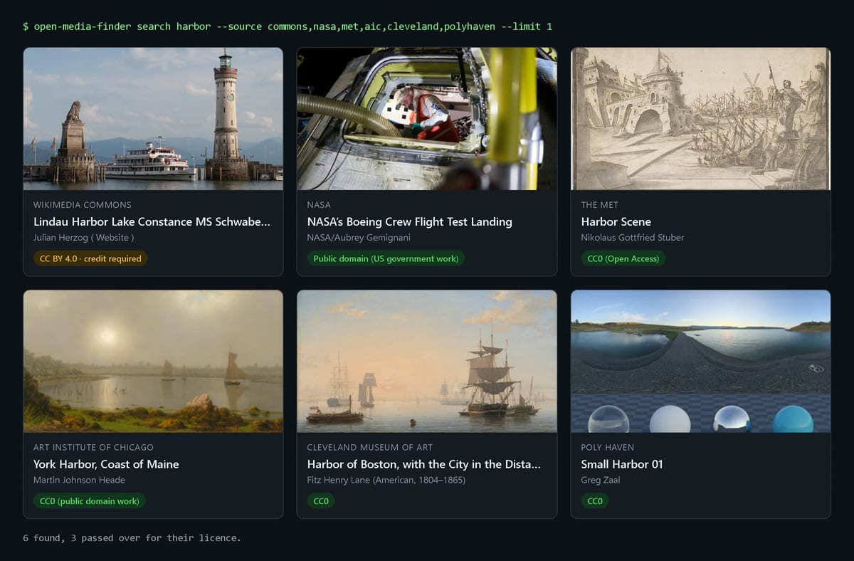Six results for 'harbor' from Wikimedia Commons, NASA, The Met, the Art Institute of Chicago, the Cleveland Museum of Art and Poly Haven, each with its licence