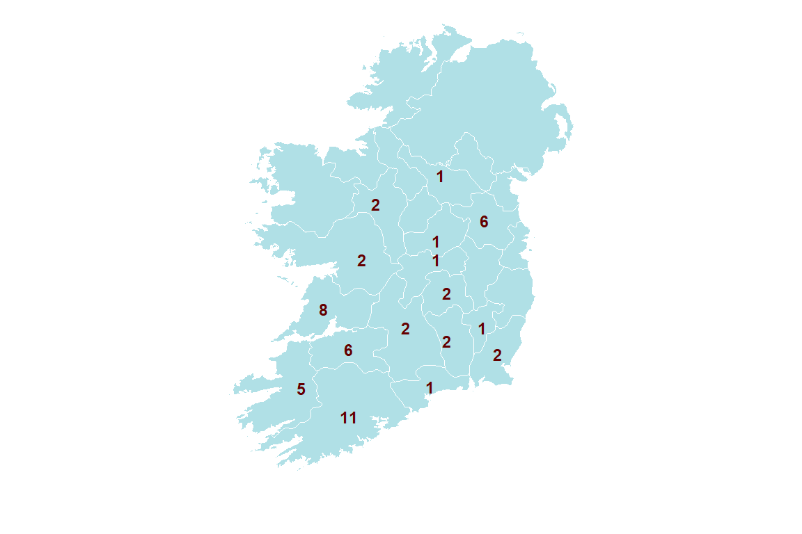 Number of herds by county with at least one animal diagnosed with JD by faecal mycobacterial culture in 2018.