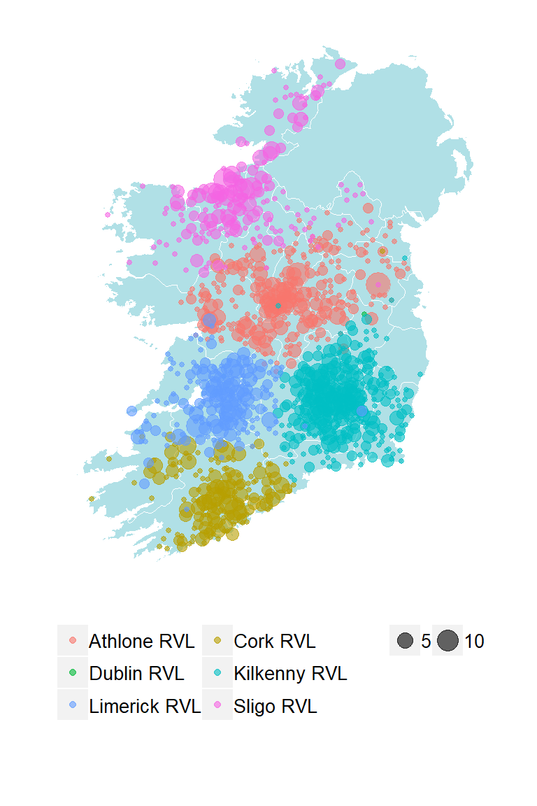 Distribution of bovine carcasses. Bovine carcasses (excluding foetuses), aggregated and mapped at their DED (District Electoral Division) and colour-coded by the Regional Veterinary Laboratory of submission (n= 2902 )