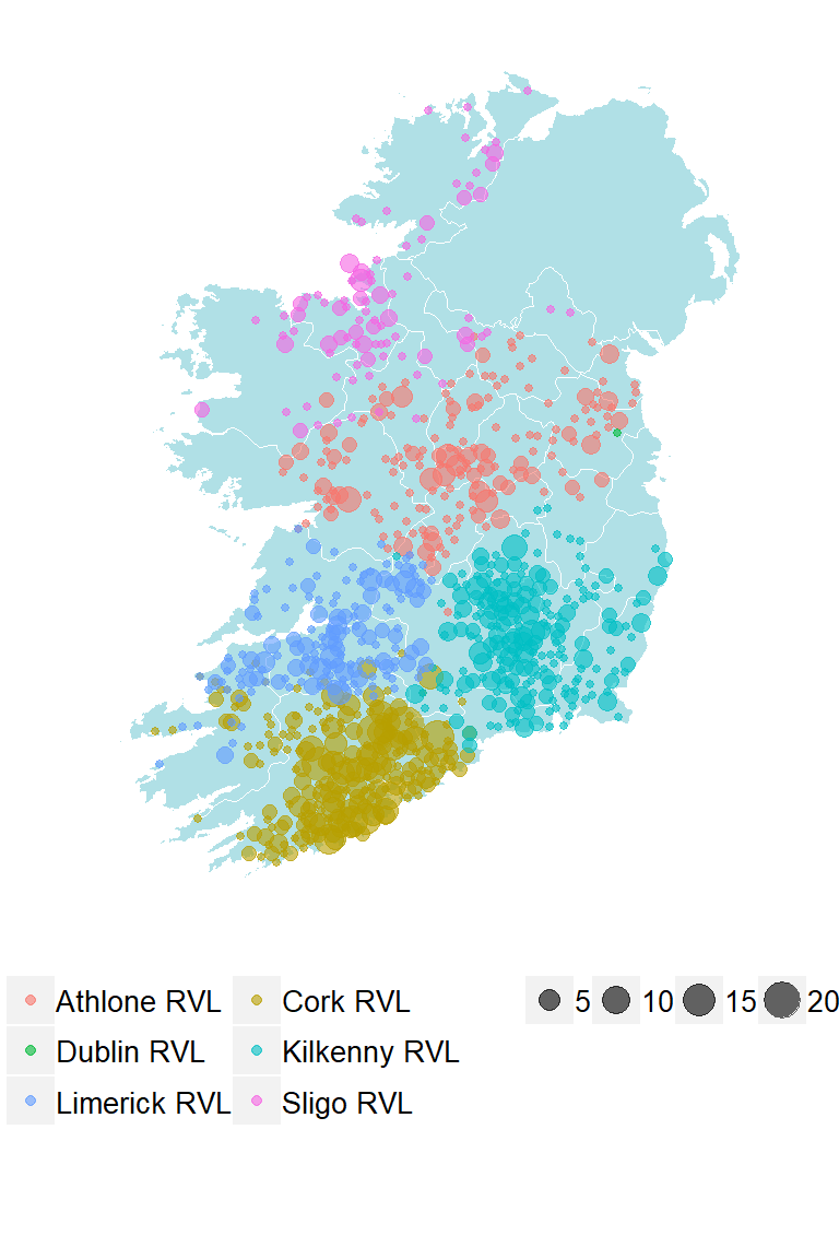 Submissions of bovine foetuses and foetal material aggregated and mapped at their DED (District Electoral Division), and colour-coded by Regional Veterinary Laboratory,