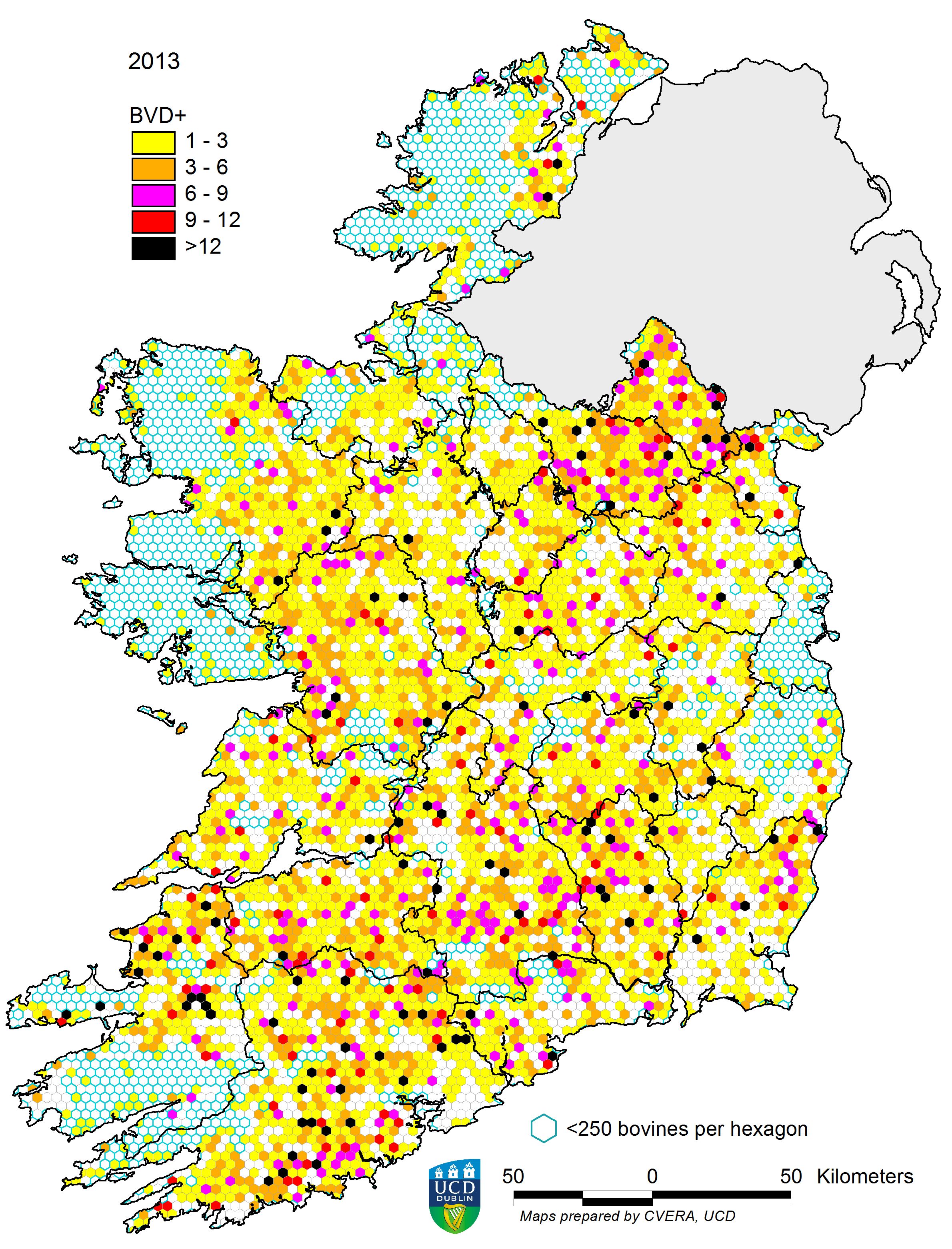 Distribution of calves born persistently infected (PI) with BVD virus in 2013. Each hexagon covers an area of approximately 10 km^2. Hexagons in which there are fewer than 250 cattle (e.g. mountainous/urban areas and lakes) are shown with blue border.