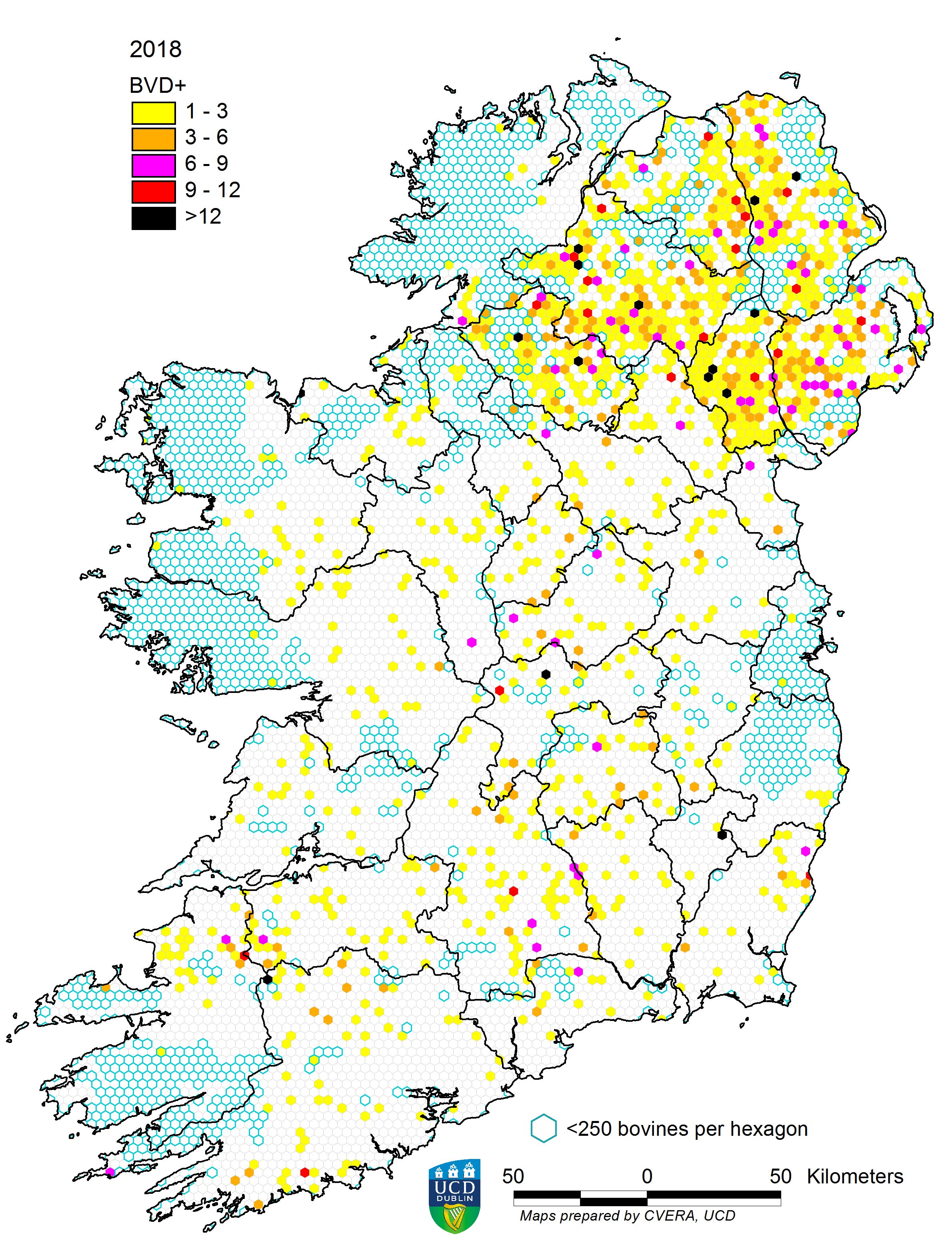 All-island distribution of calves born persistently infected (PI) with BVD virus in 2018.