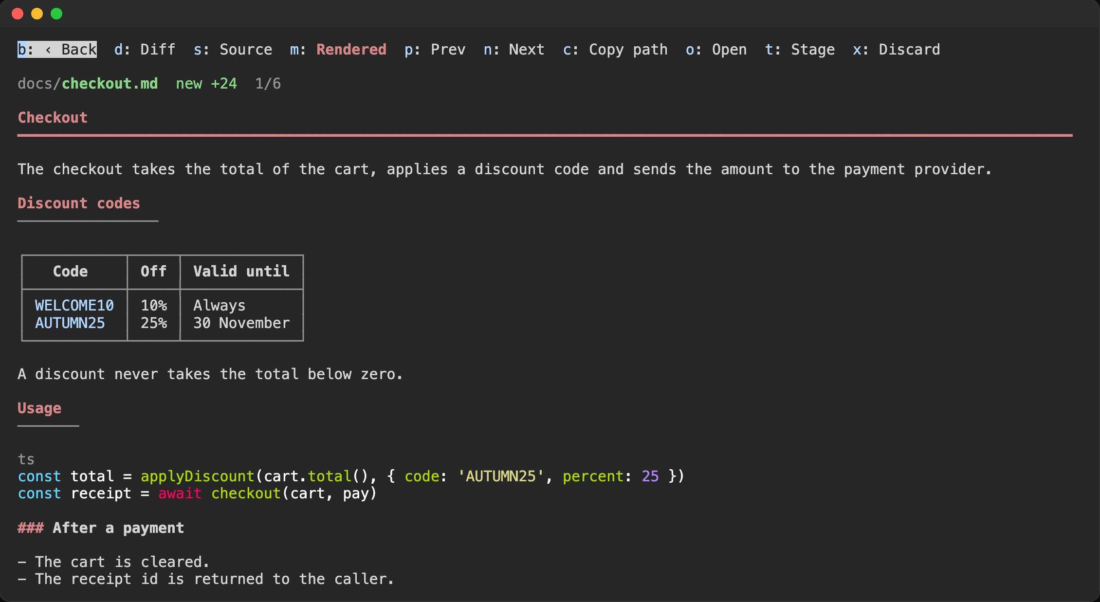 A Markdown file, rendered: headings, a table, and a code block with syntax highlighting