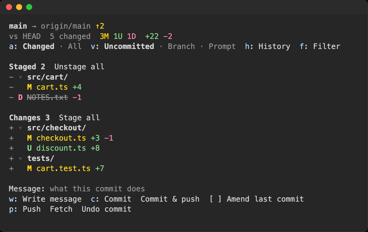 The changed files, staged and not staged, with the commit box