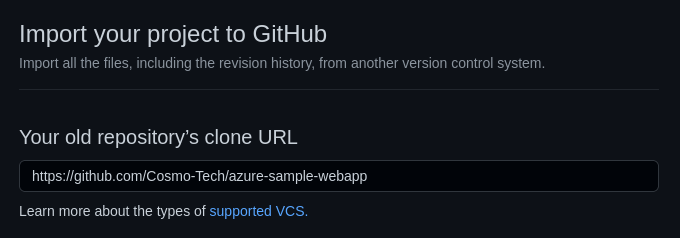 Create a new repository in GitHub by importing the project "https://github.com/Cosmo-Tech/azure-sample-webapp"