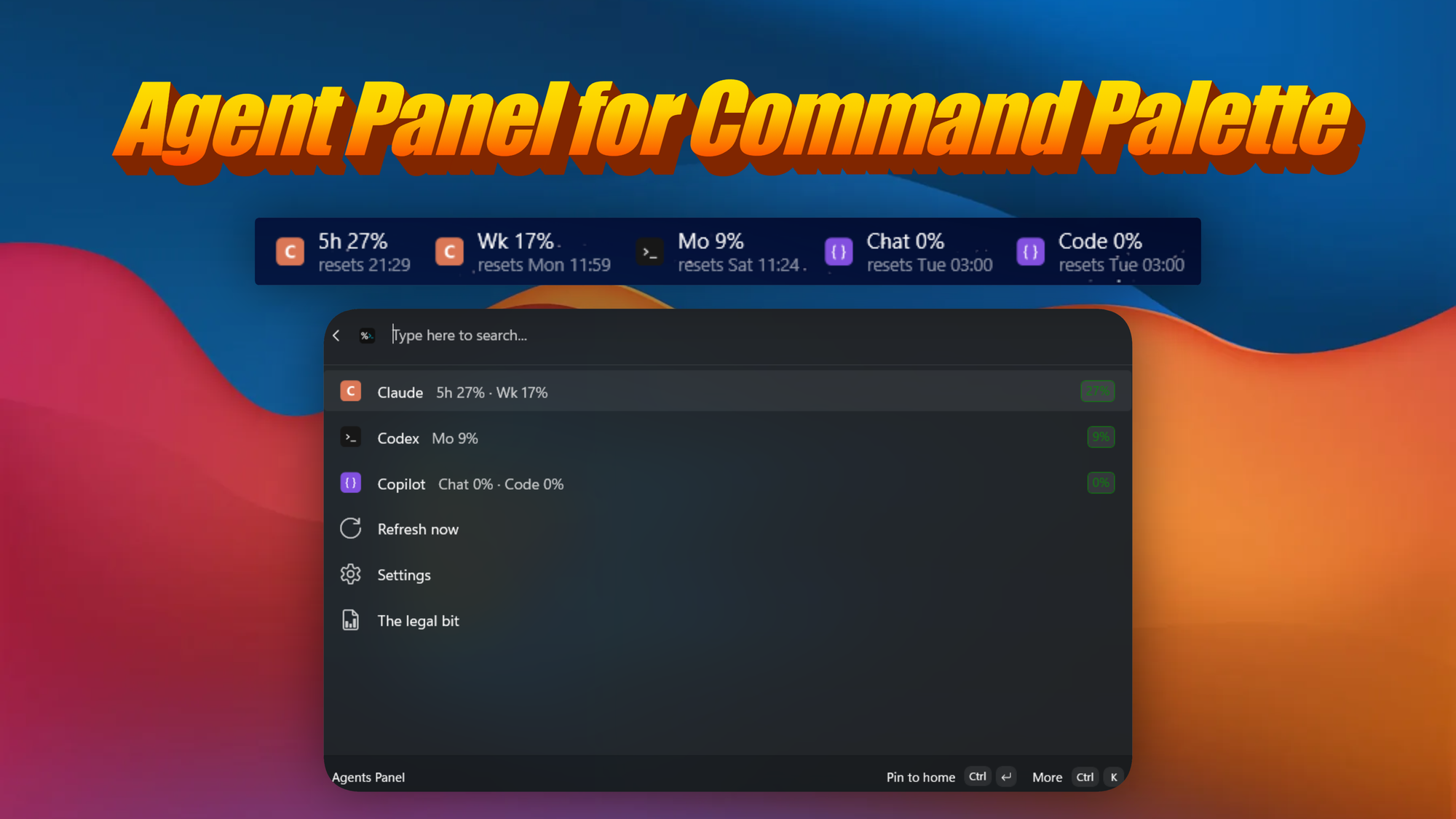 The Agents Panel listing image, usage bands for Claude, Codex and Copilot