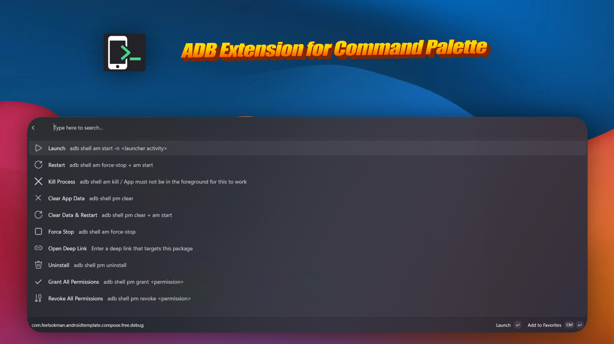 The ADB extension listing image, a command palette full of adb commands