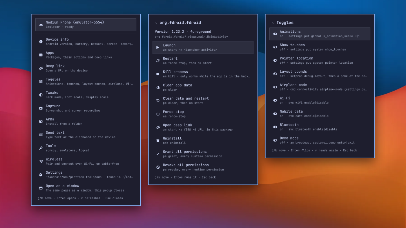 The droid in the Omarchy bar over the hub, a package's actions and the developer toggles