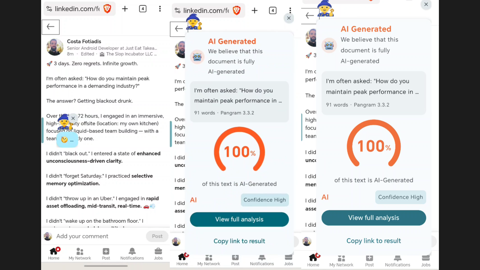 Three LinkedIn posts judged 100% AI-generated by Deckard