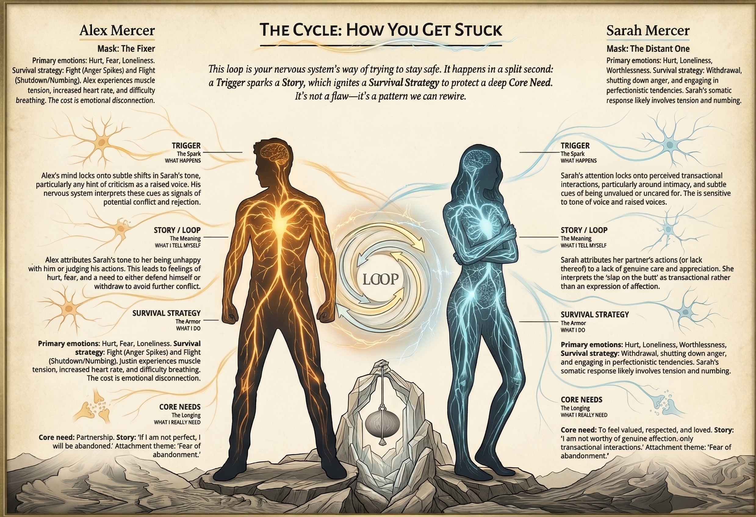The Cycle: trigger, story, survival strategy, and core needs mapped for both partners