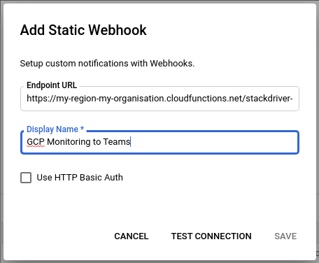 GCP Monitoring Add New Webhook