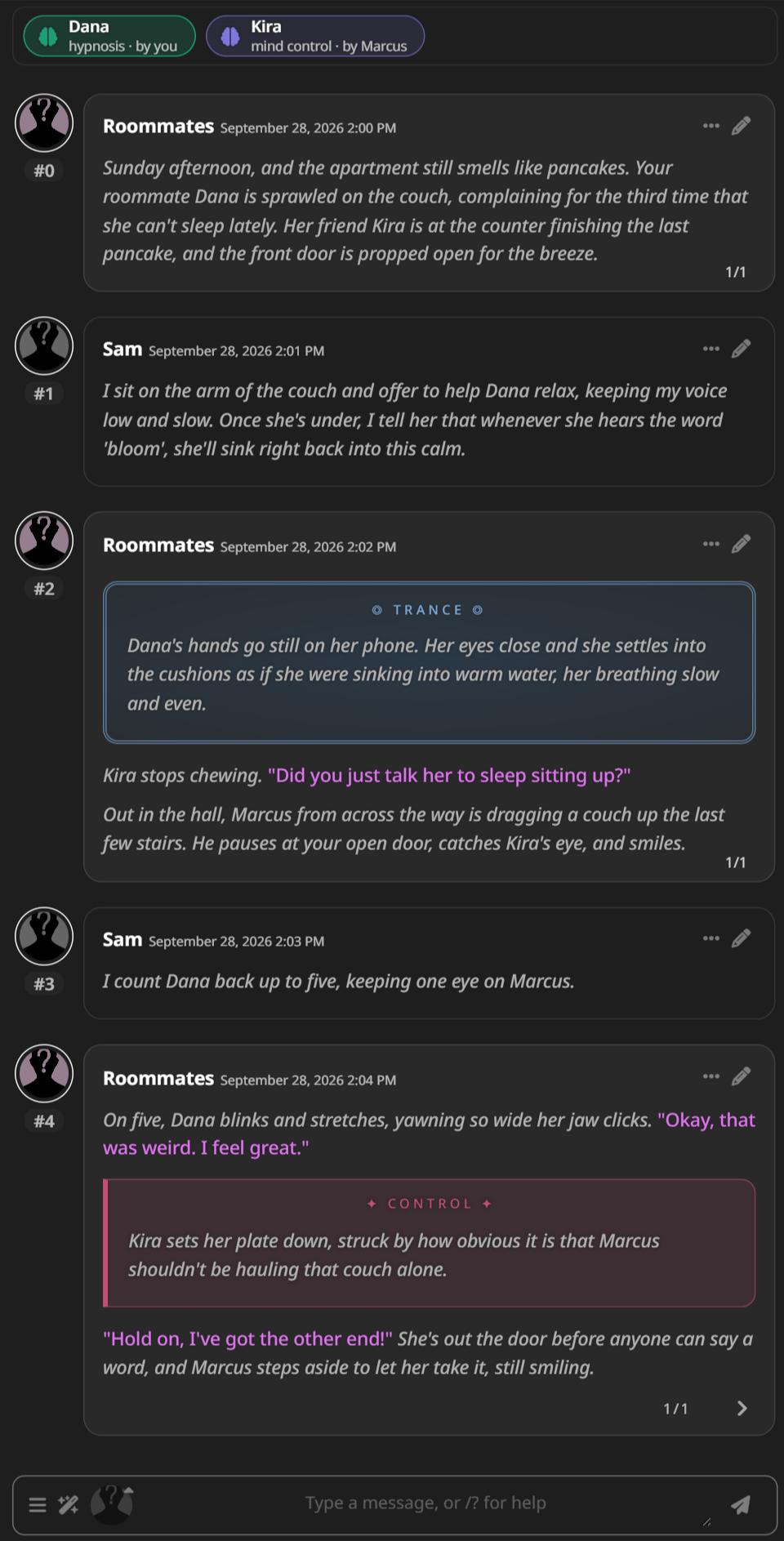 Changed minds in the strip above the chat, with a trance box and a control box in the replies
