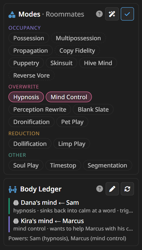 The mode picker, with the four families in their own colours, and minds in the Body Ledger