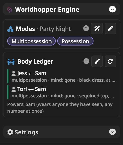 The extension panel: this character's modes, and the Body Ledger