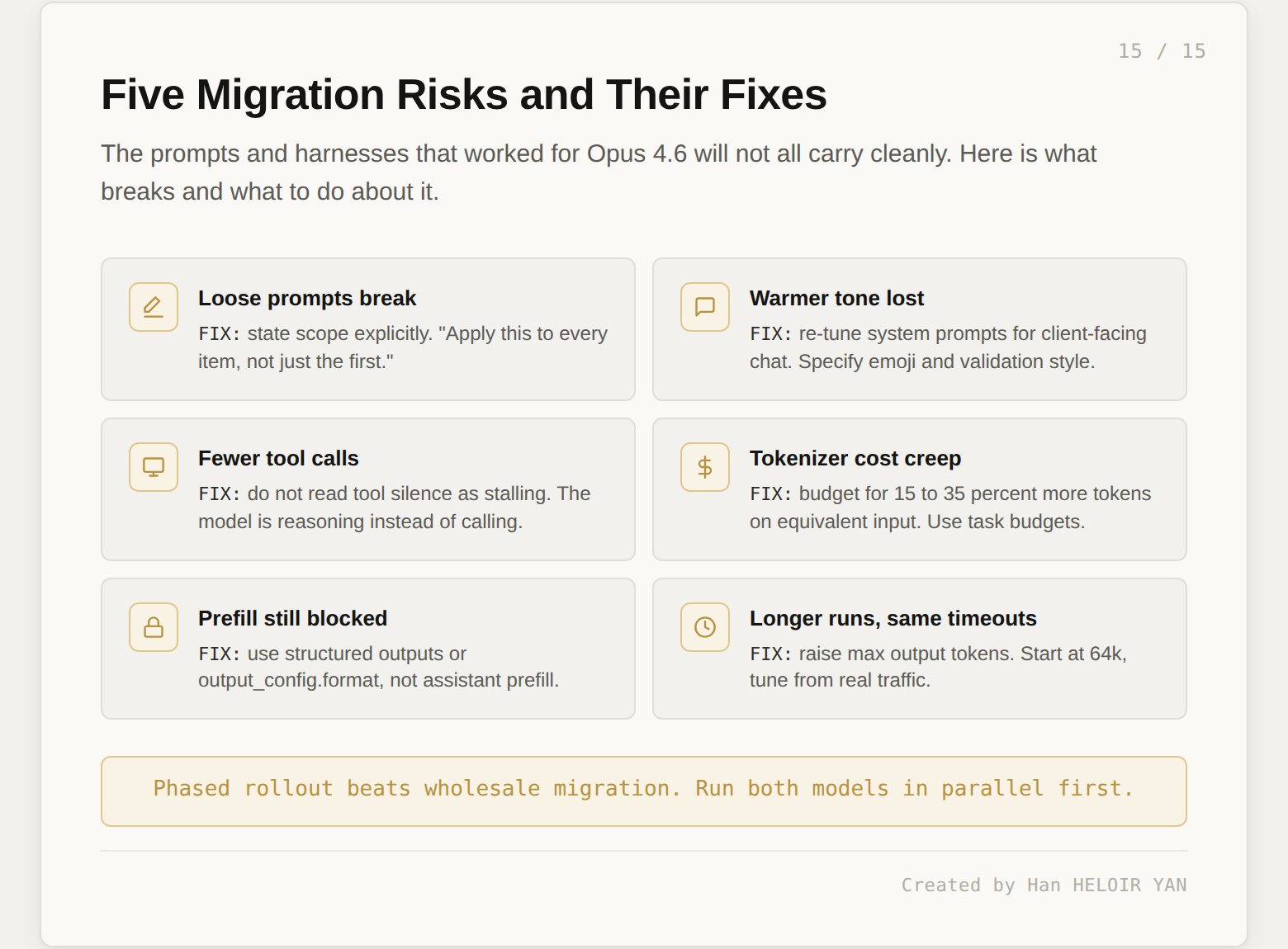 Six migration risks and their fixes: loose prompts break, warmer tone lost, fewer tool calls, tokenizer cost creep, prefill still blocked, longer runs with same timeouts