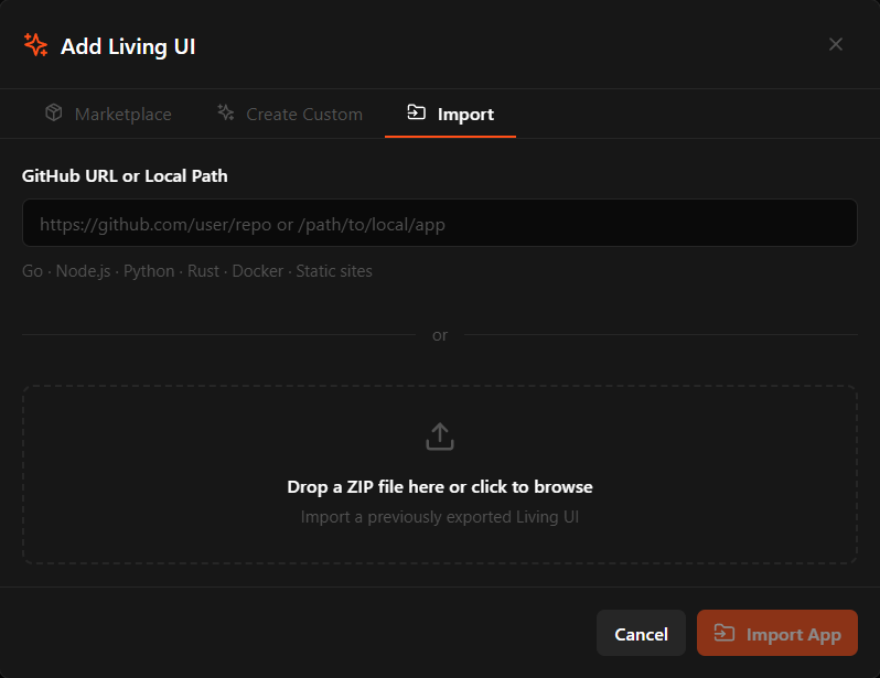 Importing an existing project as a Living UI