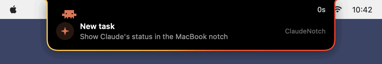 The notch during a task: Clawd gets out his laptop and types, a command runs, Done
