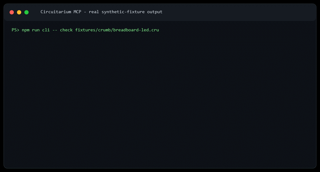 Circuitarium MCP checks a synthetic LED fixture, builds its BOM, and exports its netlist