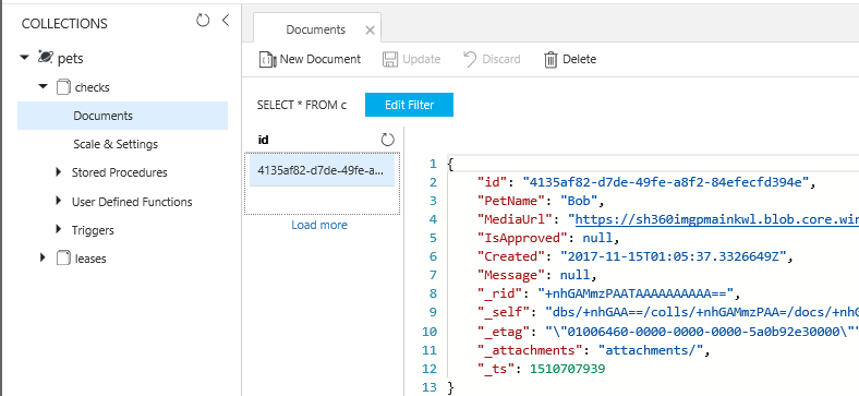 Pets document in Cosmos DB