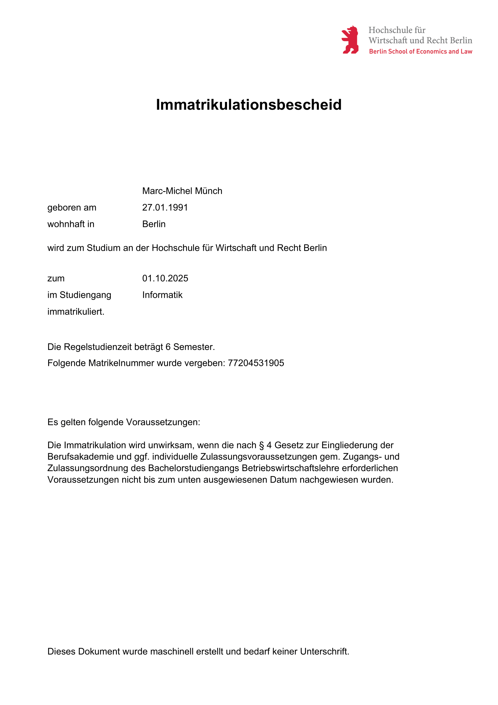 Enrollment Certificate of Berlin School of Economics and Law - Subject: Computer Science