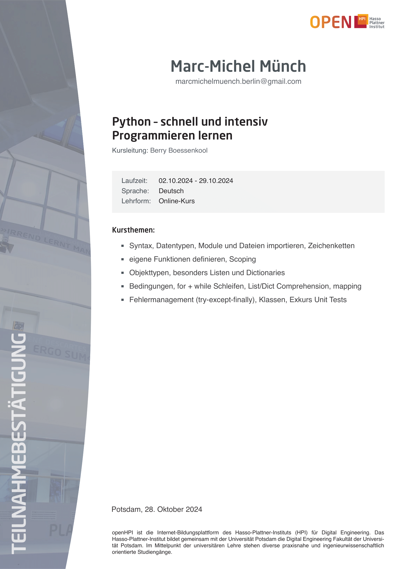 Pre-College-Course on Python Programming by Hasso-Plattner-Institut via openHPI