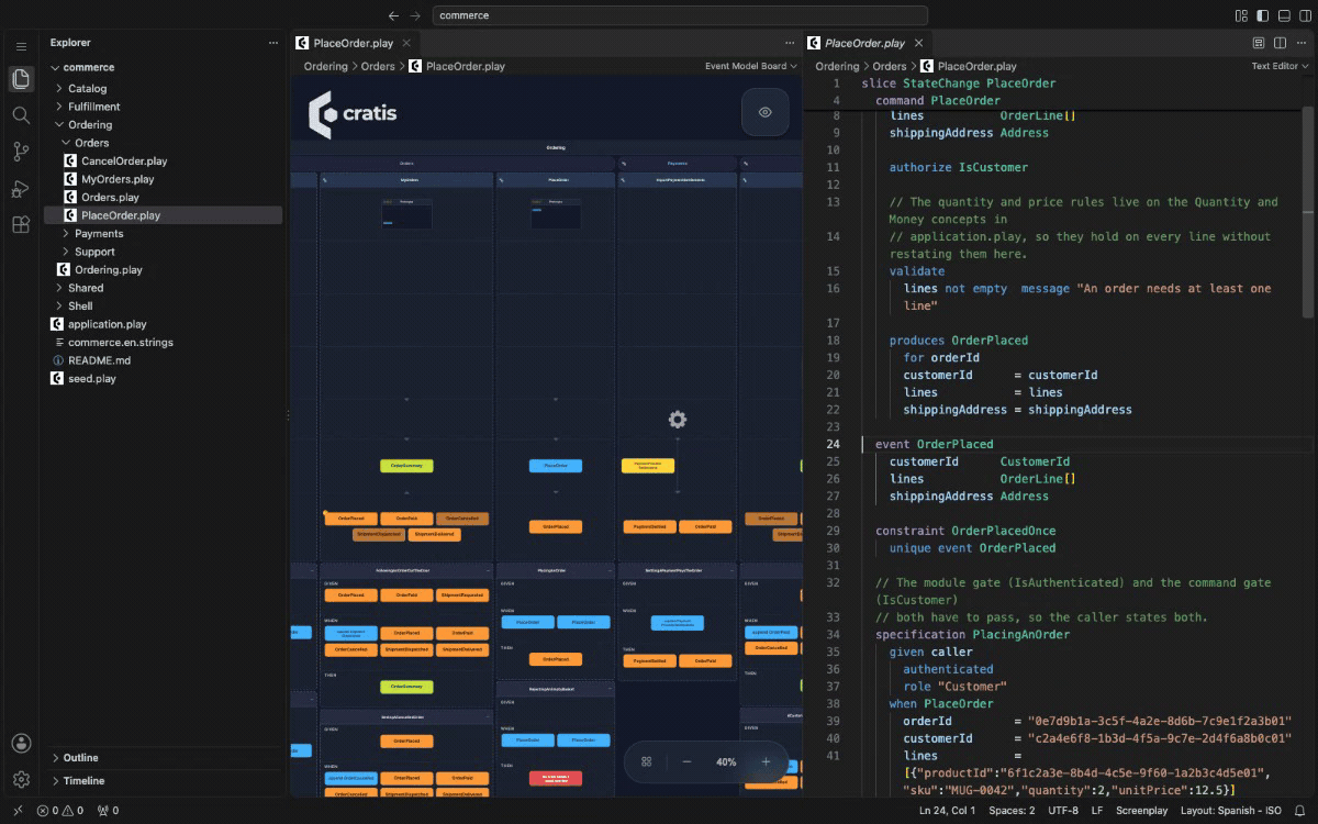 The editor adds an OrderConfirmationSent event to the Commerce model. The adjacent event-model board updates to include its orange card.