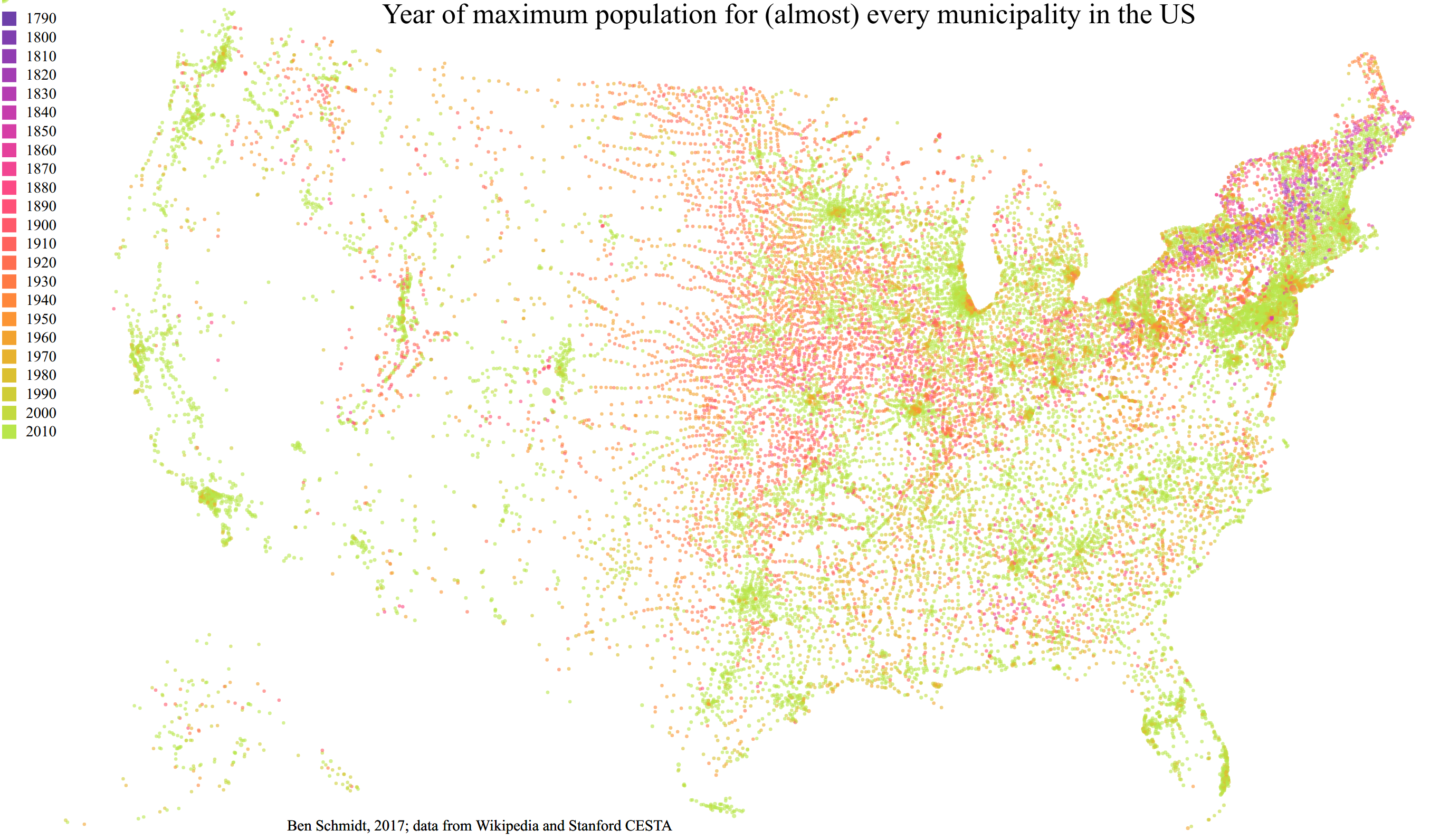 The municipal places in this dataset, by year of maximum population