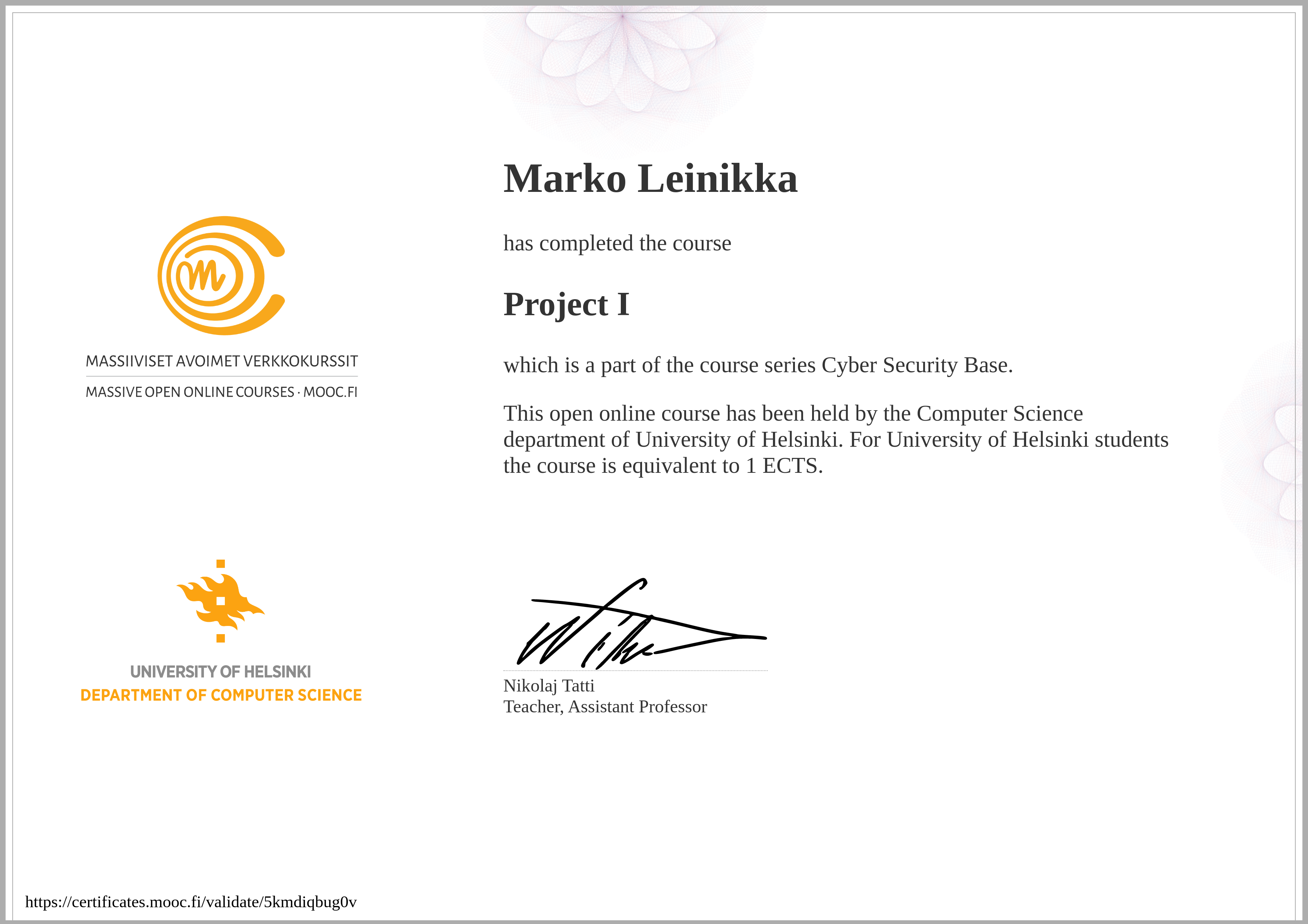 Cyber Security Project I 2021 certificate