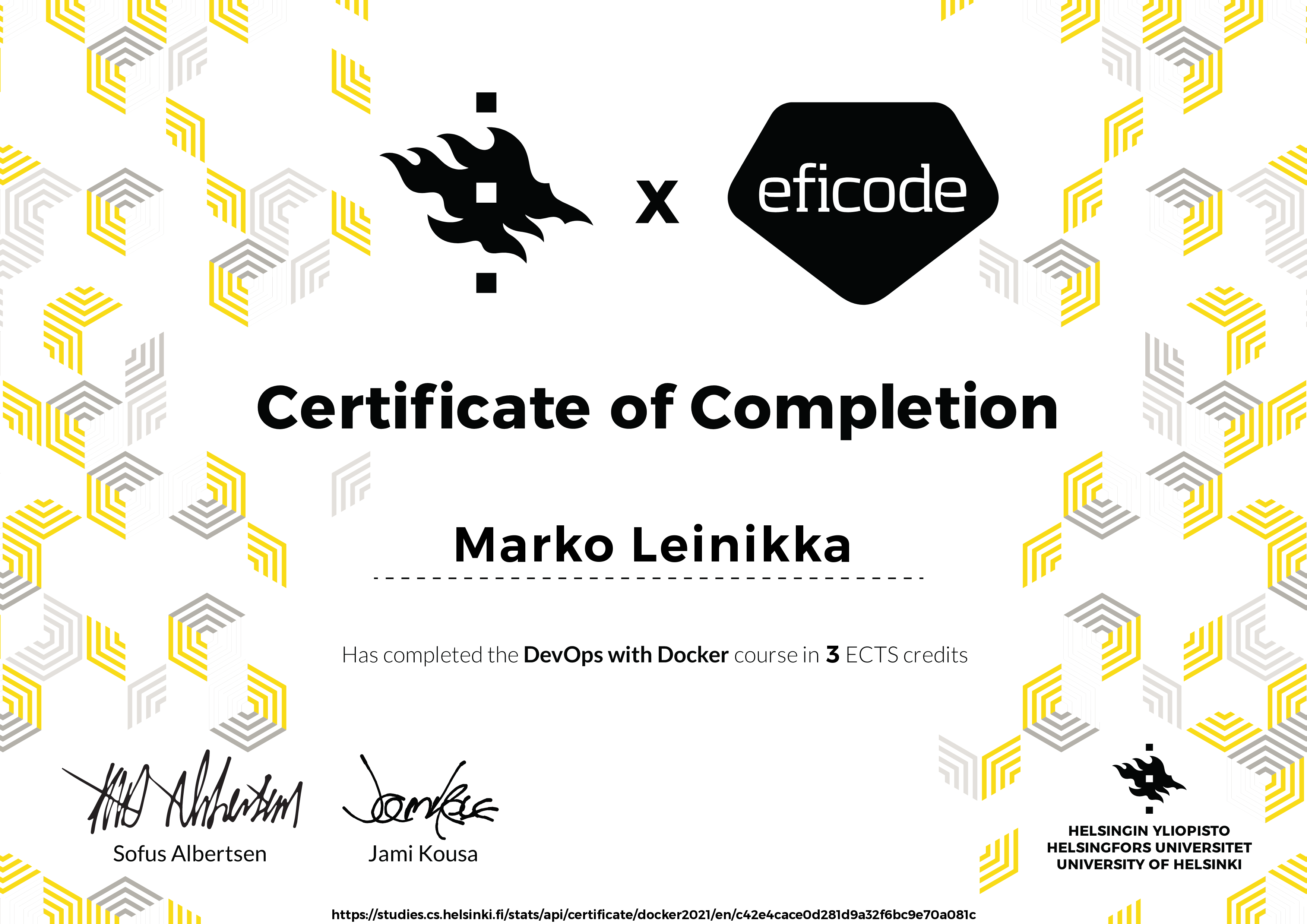 DevOps with Docker course certificate