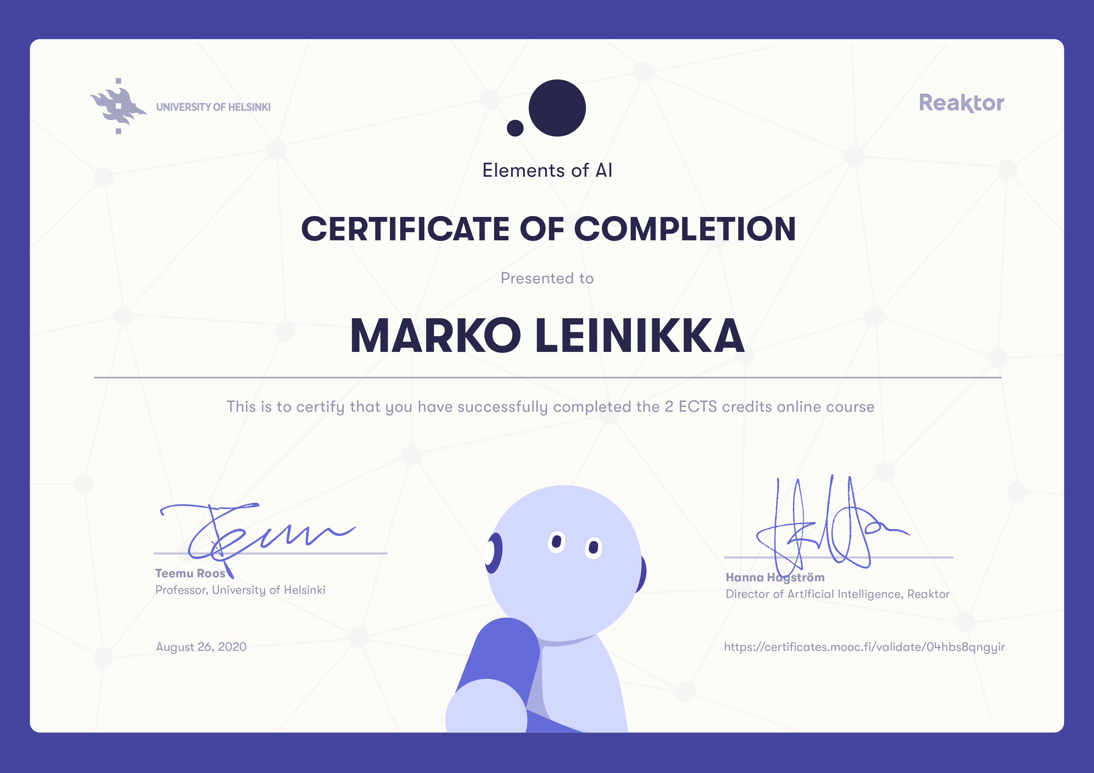 Elements of AI course certificate