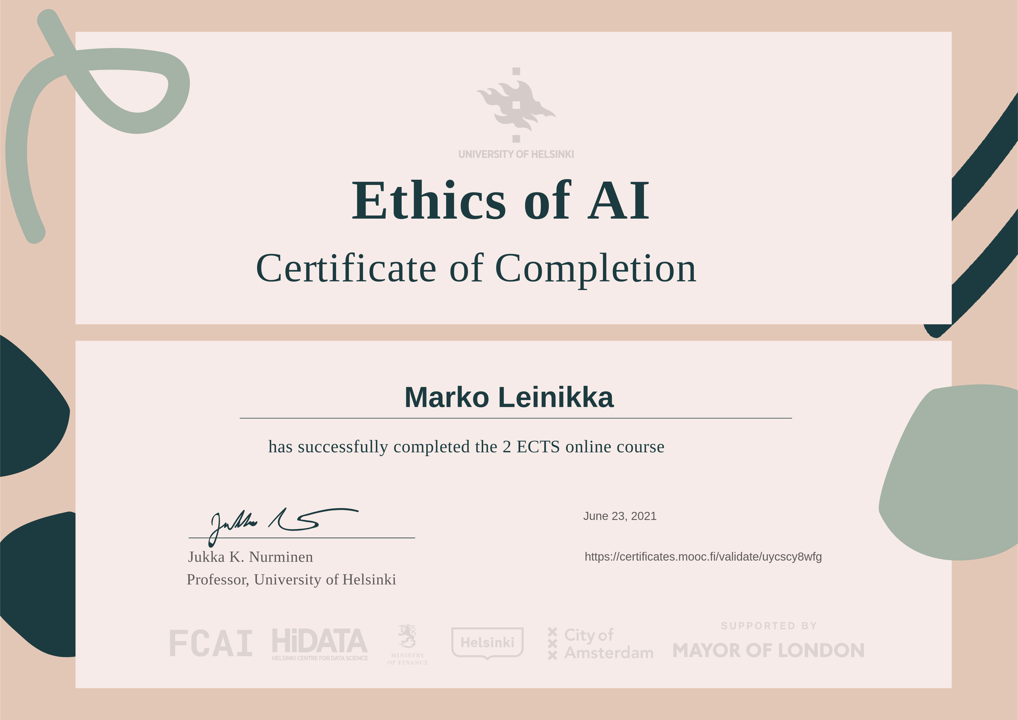 Ethics of AI course certificate